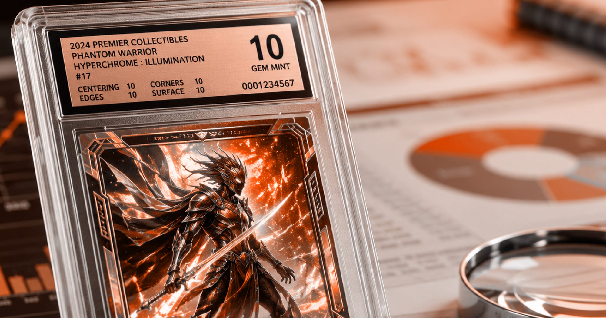 Professionally graded collectible asset examined alongside market analytical documentation