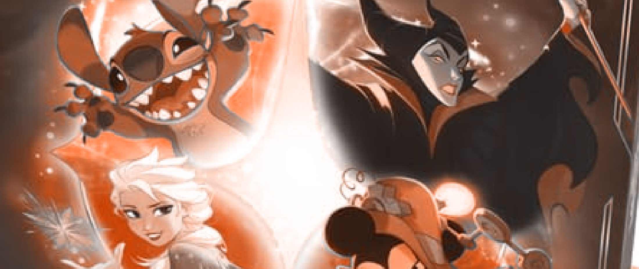Illustration of Disney Lorcana Trading Card Game characters in editorial copper tone