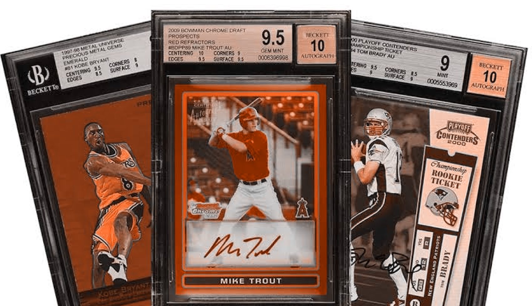 Three professionally graded sports cards displayed in a fan arrangement